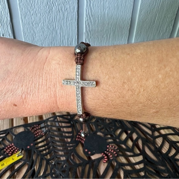 Cross Bracelet Crystals Brown String Adjustable Religious Jesus Christian - Picture 2 of 9